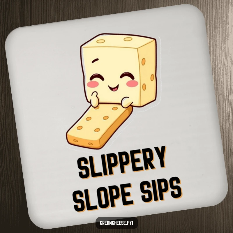 Funny drink coaster featuring a cream cheese square character winking and sliding down a cracker, adding snack humor.