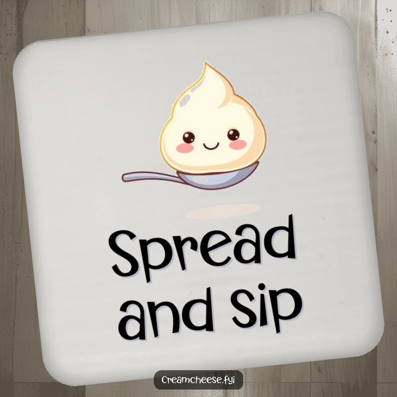 Funny drink coaster with a smiling cream cheese dollop balancing on a tiny spoon, adding a touch of whimsical protection to any surface.