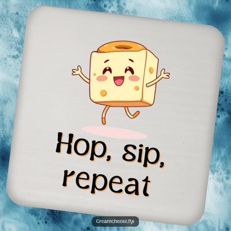 Funny drink coaster with an energetic cream cheese cube mid-hop with a happy bagel, adding whimsical protection.