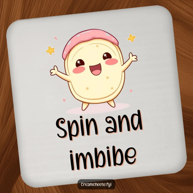 Funny Cream Cheese Coaster showing a delighted cream cheese roll performing a celebratory spin, a humorous and functional addition to any gathering.