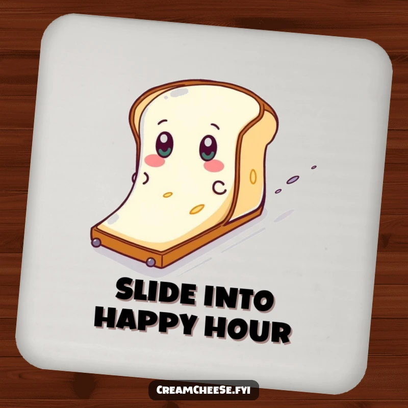 Funny Cream Cheese Toast Slide Drink Coaster: A cream cheese character eagerly slides down a toast slope, a humorous surface protector.