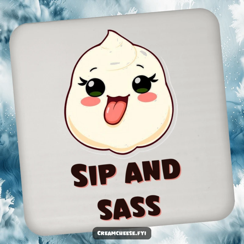 Funny coaster featuring a cream cheese dollop character playfully sticking its tongue out, offering surface protection with a dose of cheeky humor.