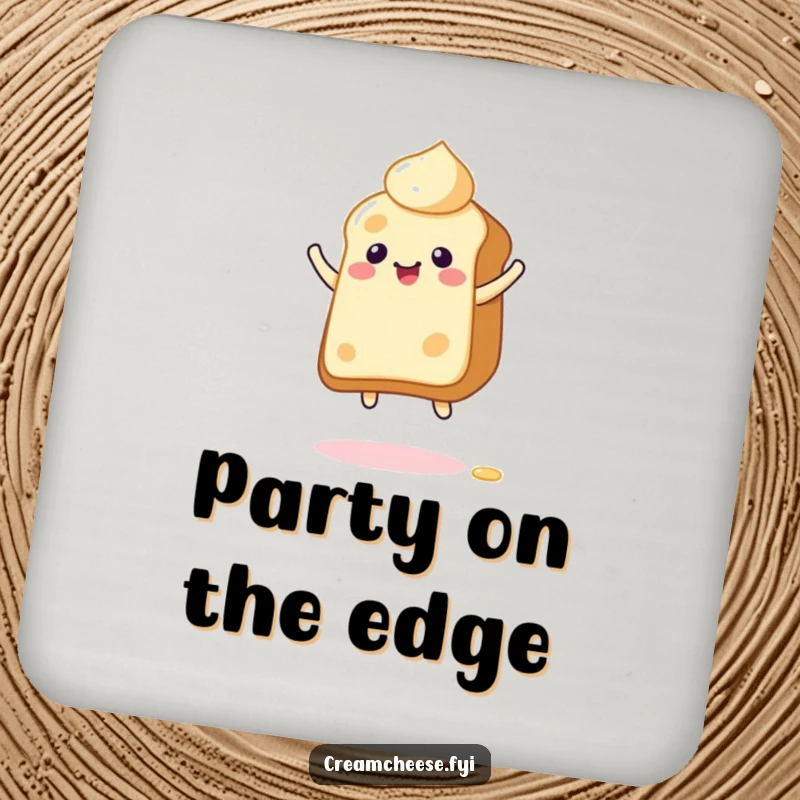 Funny Drink Coaster with a giddy cream cheese character bouncing on toast, ideal for protecting surfaces with humorous, spreadable energy.