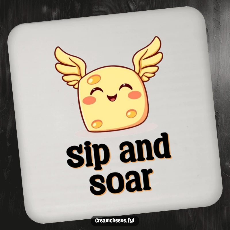 Funny flying cheese coaster, featuring a grinning cheese character with tiny wings joyfully soaring.