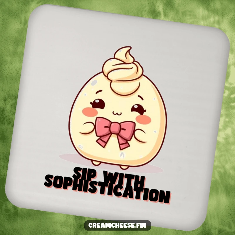 Funny Drink Coaster with a charming cream cheese character bowing politely, offering a serving, ideal for protecting surfaces humorously.