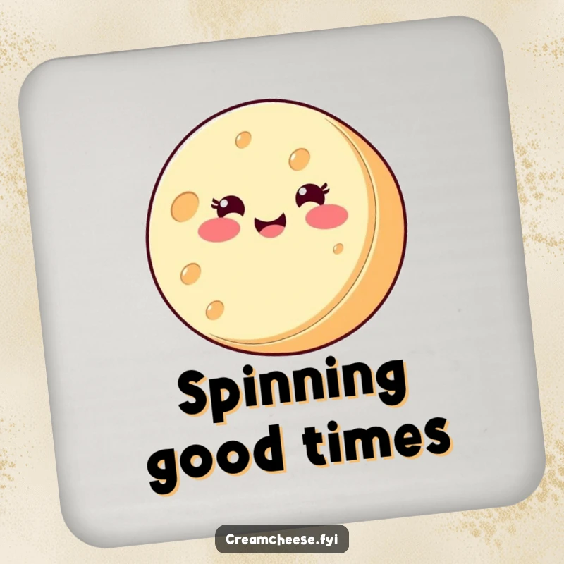 Funny Coaster: A smiling round cream cheese wheel spins joyfully on its side, adding a fun, cheesy touch to your table.