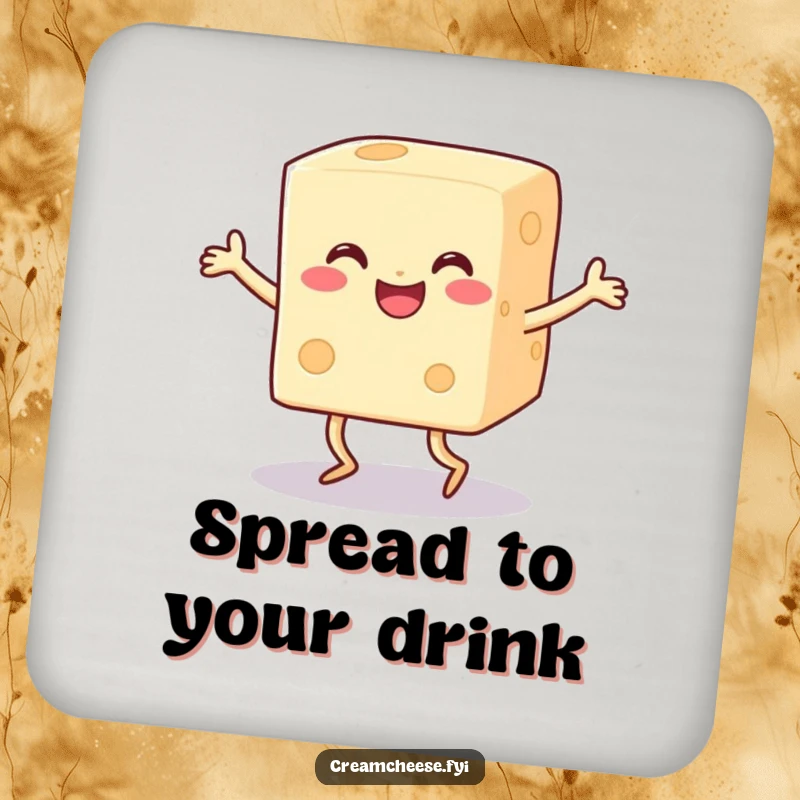 Funny happy cream cheese block with legs doing a joyful dance on a drink coaster, adding food humor.