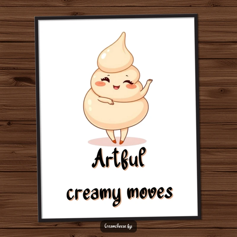Funny Cream Cheese Swirl Pirouette Poster: A playful cream cheese swirl winks and performs a smooth pirouette, a graceful art piece.