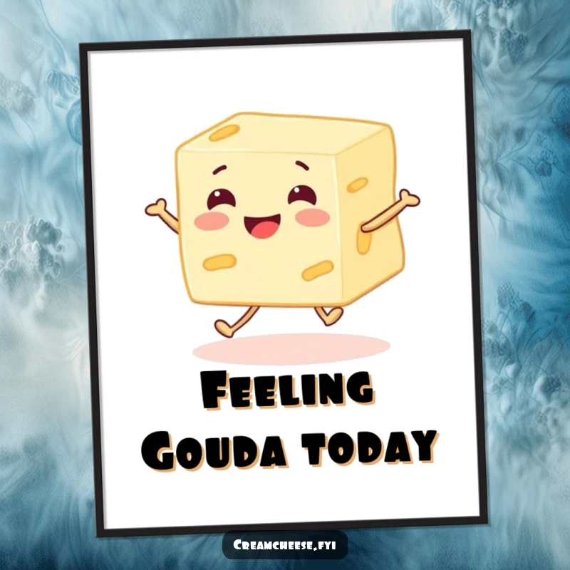 Funny cream cheese block character with legs in mid-skip, radiating pure happiness and playful energy, perfect for a cheerful wall display.