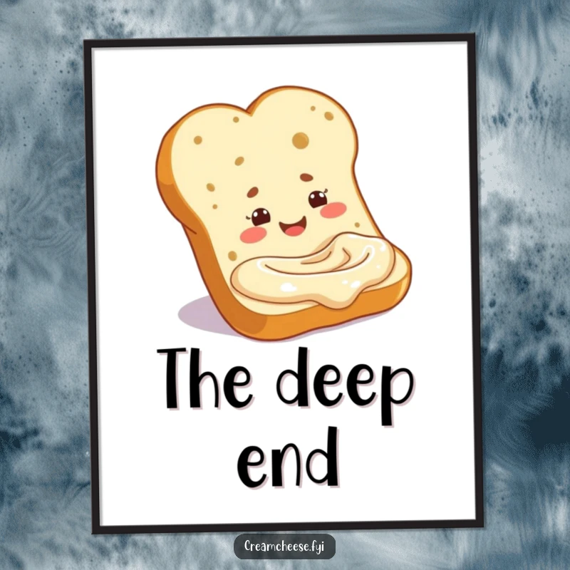 Funny baguette slice happily dipping into a cream cheese pool, displayed as a poster. A delightful and humorous bread illustration, perfect as a funny gift.