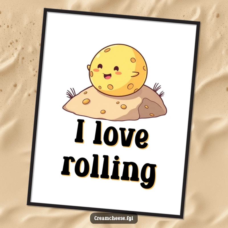 Funny poster art of a chubby cheese ball gleefully descending a hill, conveying a sense of carefree joy and cheesy fun.