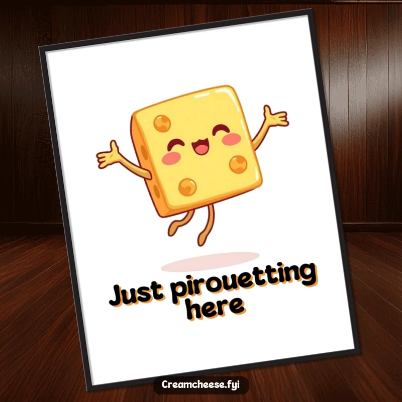 Funny poster art depicting a dynamic cheese cube executing a joyful pirouette with a beaming smile, celebrating culinary grace.