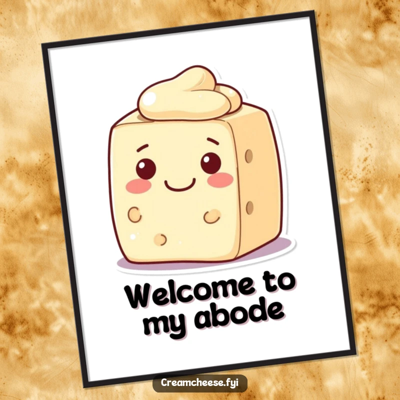 Funny cream cheese block poster, a character with a warm, inviting smile, creating a friendly atmosphere.