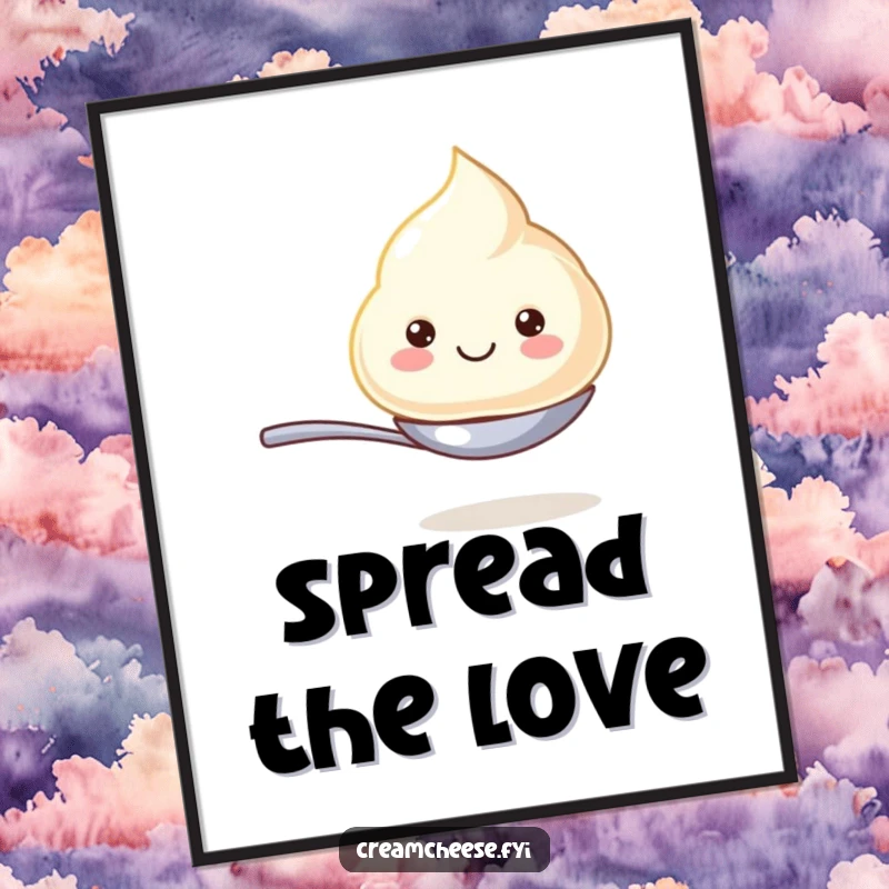 Funny poster art depicting a cream cheese dollop with a huge smile, perfectly balanced on a miniature spoon, full of glee.