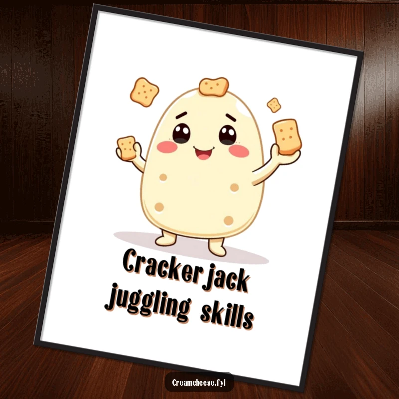 Funny poster of a grinning cream cheese character juggling crackers, a whimsical piece of wall art.