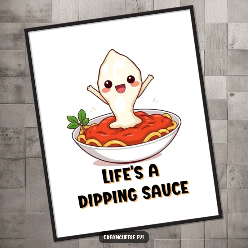 Funny poster showing a joyful cream cheese blob making a spectacular leap into a bowl of pasta sauce, a comical food illustration.