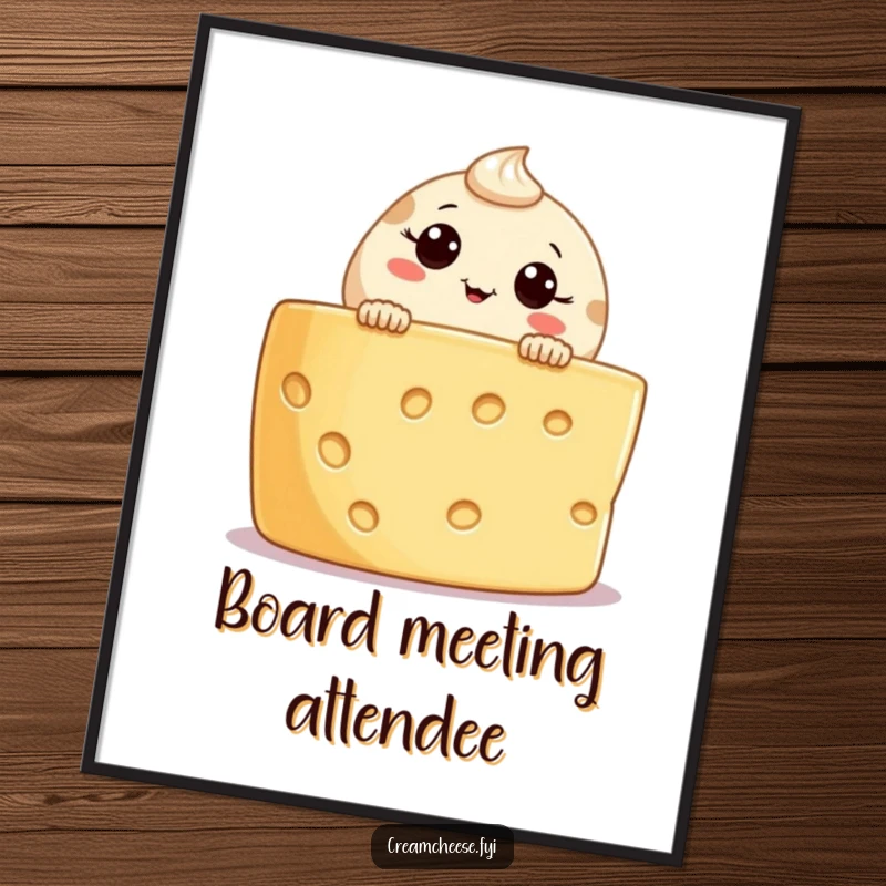 Funny cream cheese character poster, peeking curiously from a cheese board, great for kitchen decor, unique funny gift.