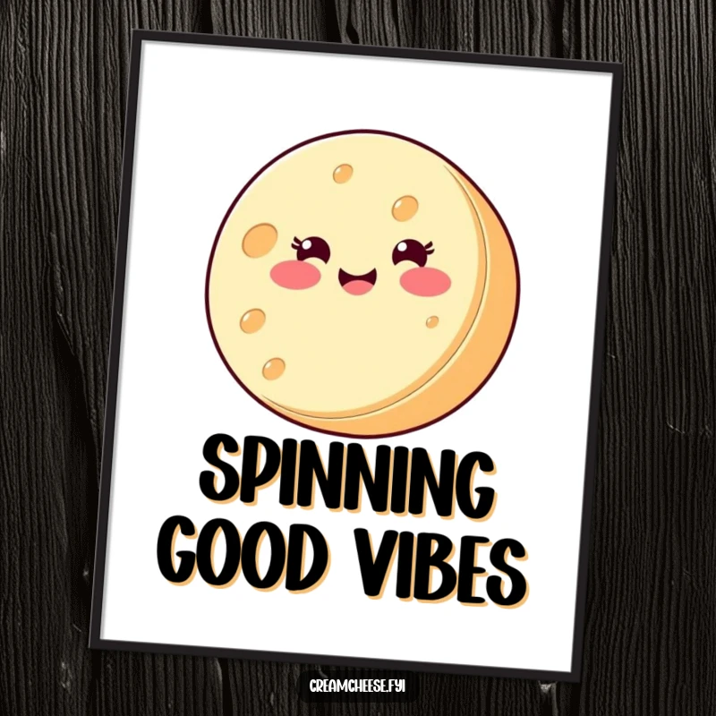 Funny Poster: A round cream cheese wheel with a smiling face is captured in a joyful spin on its side, full of cheesy energy.