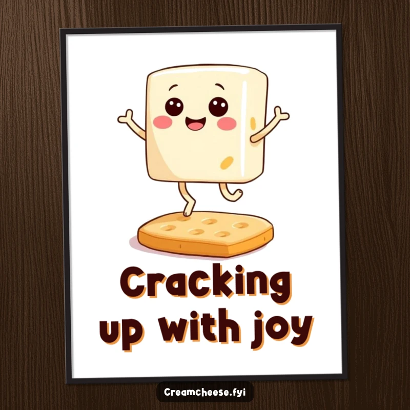 Funny poster of a smiling block of cream cheese with tiny legs joyfully bouncing on a cracker, adding whimsical and humorous art.