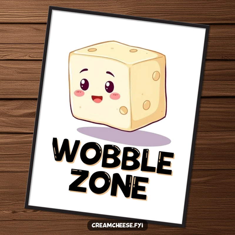 Funny Cream Cheese Poster featuring a wobbly cream cheese cube wobbling precariously, whimsical kitchen art.