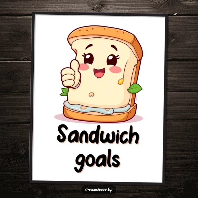 Funny Poster: Happy cream cheese character giving a thumbs-up from atop ingredients of a deconstructed sandwich.