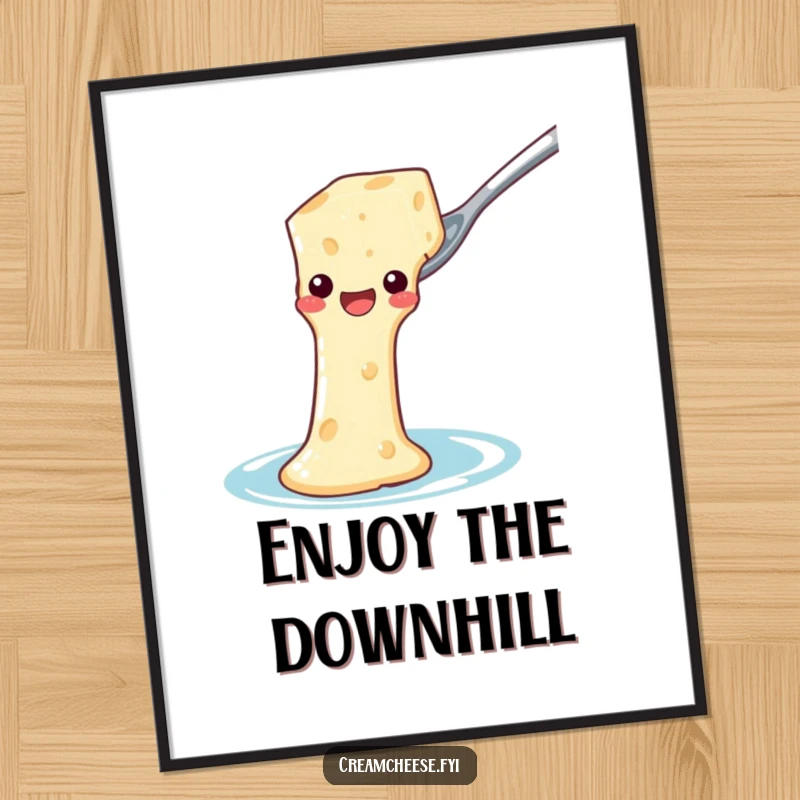 Funny Poster: Cream cheese slides down a spoon waterslide, humorous food art for kitchen decor.