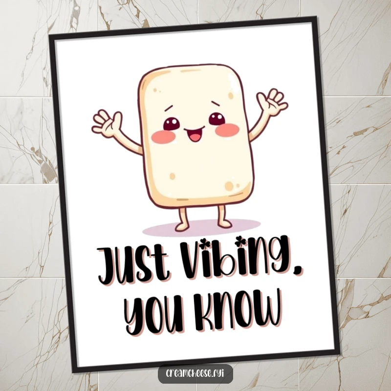 Funny poster showcasing a happy cream cheese bag character with little arms, dancing and waving exuberantly, a fun cartoon illustration.