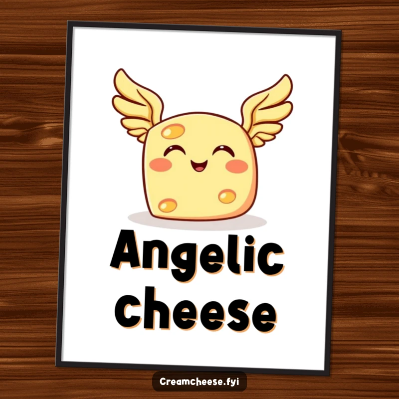 Funny flying cheese poster, a grinning cheese character with tiny wings joyfully ascending, a whimsical artwork.