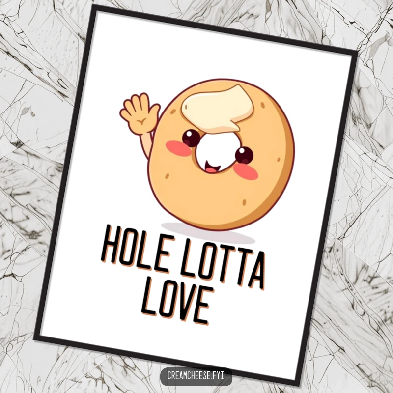 Funny bagel character with cream cheese, waving with enthusiasm, a cheerful and welcoming piece of art for any wall.