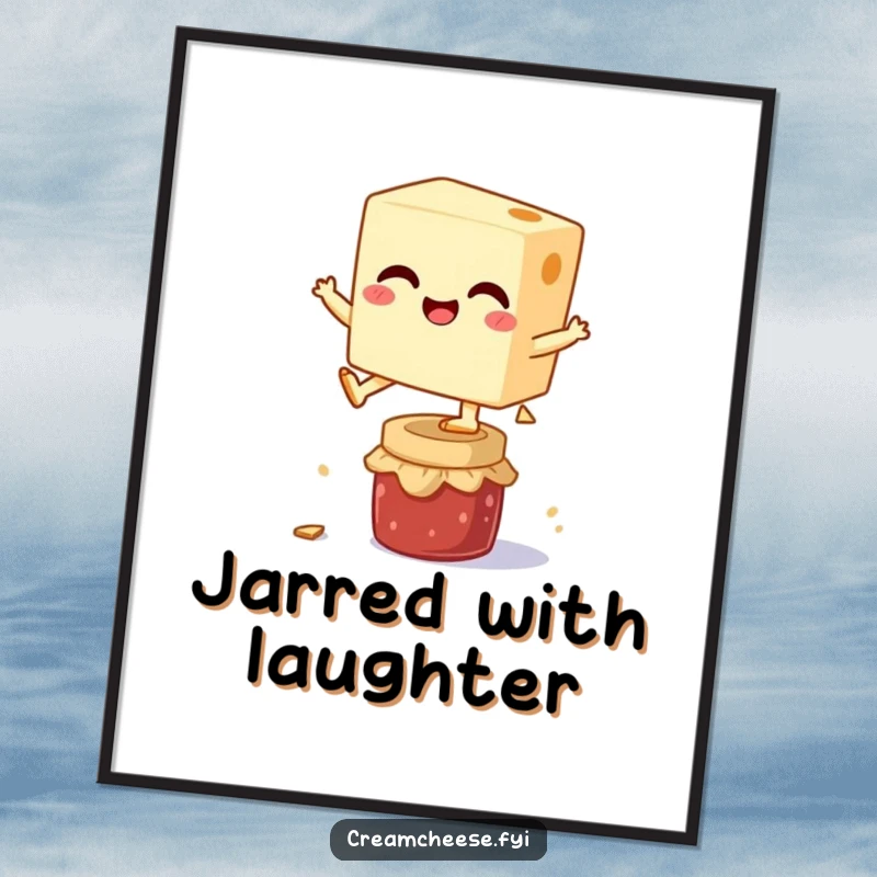 Funny poster showcasing a giggling cream cheese block mid-leap over a miniature jam jar, celebrating playful breakfast moments with vibrant artistry.