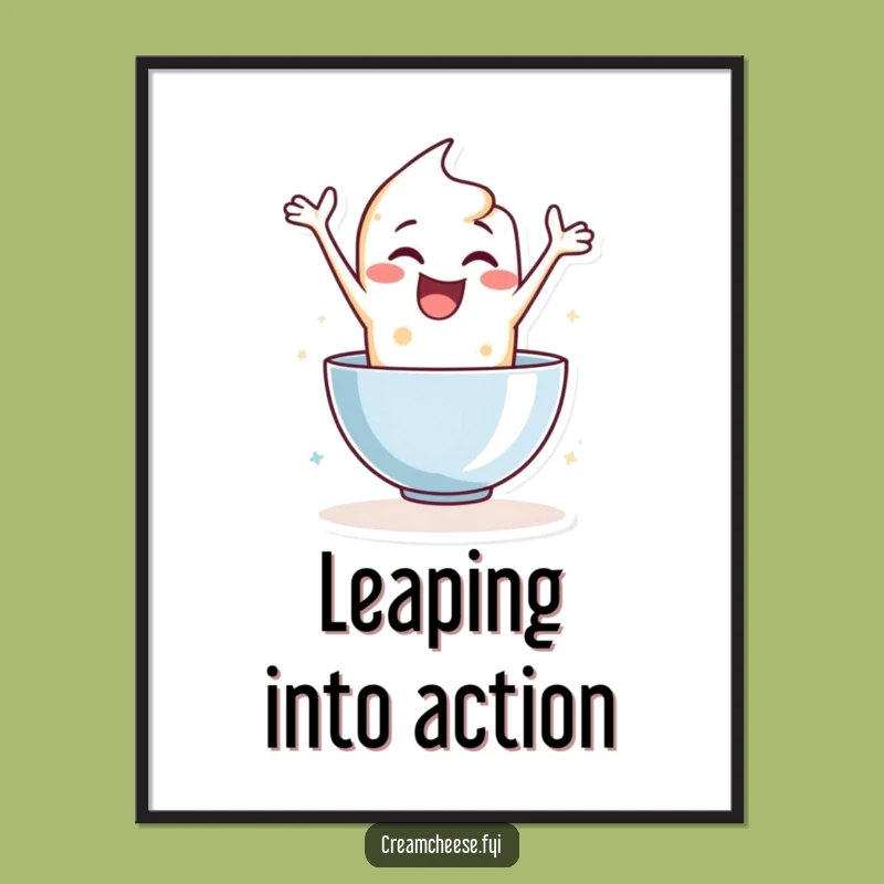 Funny Cream Cheese Leaping Poster: Vibrant Art for the Enthusiastic Home