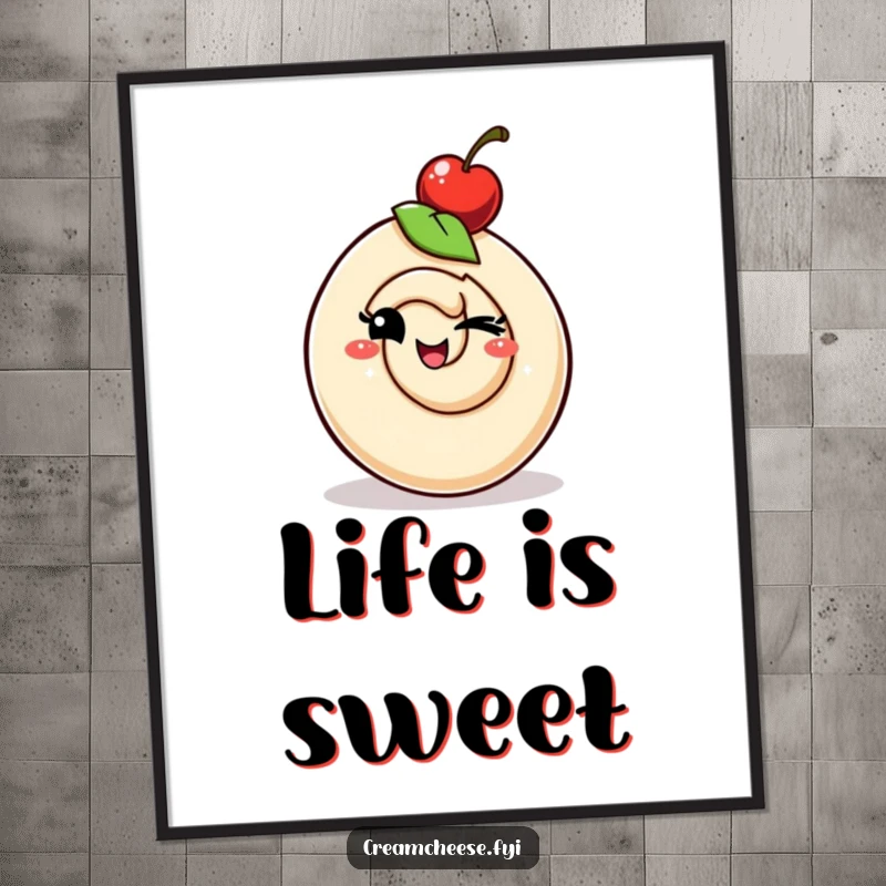 Funny cream cheese swirl character with a cherry hat winking playfully, a delightful and whimsical artwork for any space.