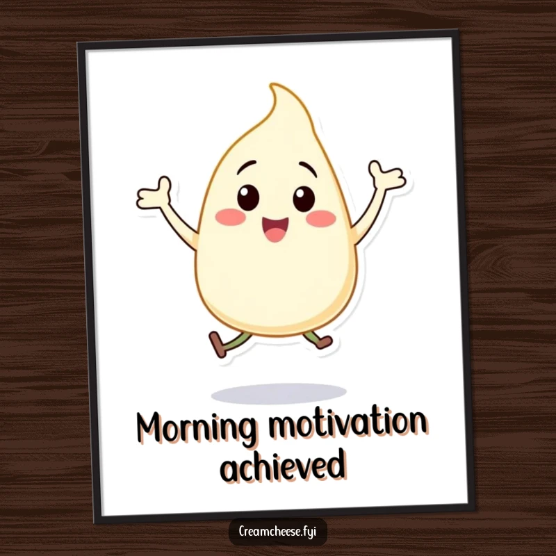 Funny cream cheese dollop poster, a happy character in motion doing jumping jacks, exuding pure delight.