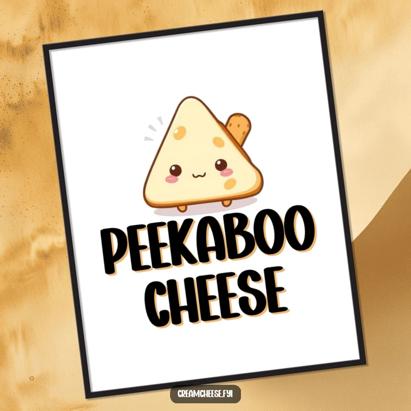 Funny shy cream cheese triangle poster peeking from behind a breadstick, a charming and humorous wall piece.