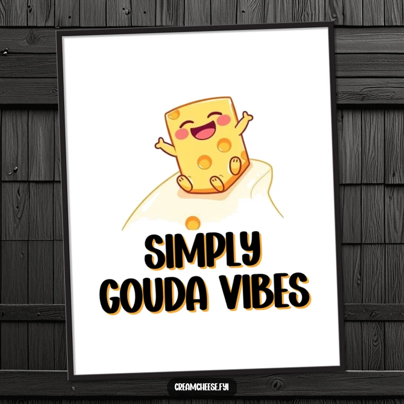 Funny cheese block poster, a laughing cheese character comically sliding down a smooth, rich cream slope.