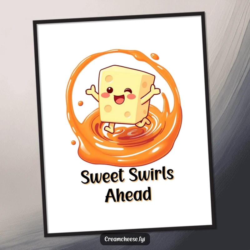 Funny poster showcasing a cream cheese block character joyfully leaping through a jam swirl, bringing breakfast cheer to your decor.