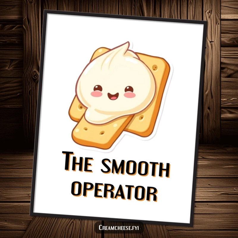 Funny cream cheese dollop in motion sliding down a cracker, displayed as a poster. A delightful and humorous snack illustration, perfect as a funny gift.