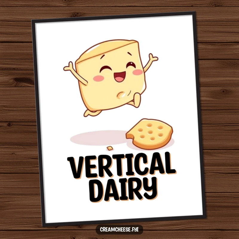 Funny poster art showing a cream cheese wedge in mid-air, exuberantly leaping over a toppled cracker, bringing breakfast fun to decor.