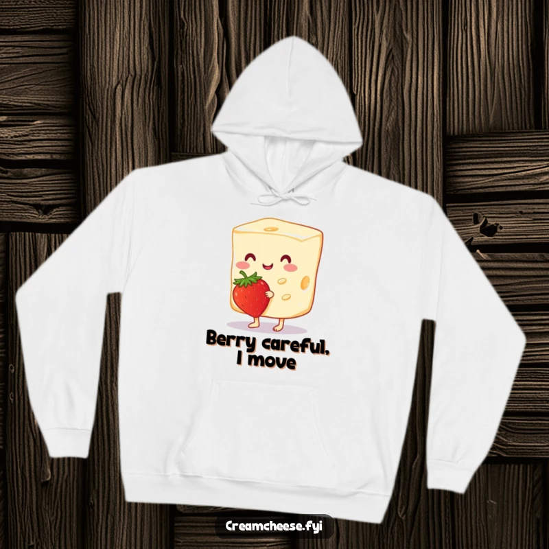 Funny Cream Cheese Hoodie featuring a cheerful cream cheese slice tiptoeing with a strawberry, soft, cozy, and full of sweet humor.