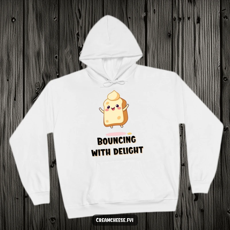 Funny Hoodie depicting a giddy cream cheese character bouncing enthusiastically on toast, offering warmth and spreadable cheer.