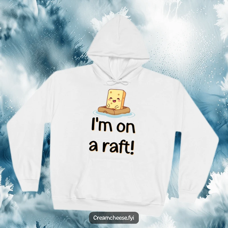 Funny Cream Cheese Hoodie showcasing a giggling cream cheese bar floating on a tiny raft, a cozy foodie gift.
