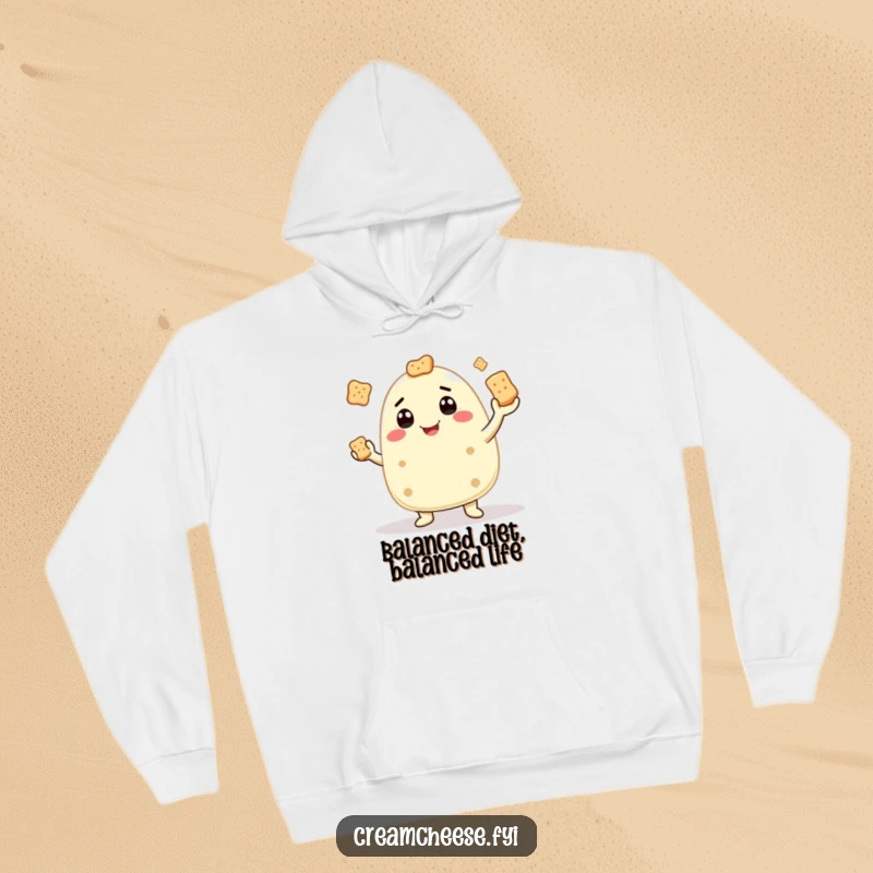 Funny hoodie with a happy cream cheese character juggling crackers, offering cozy humor and playful style.