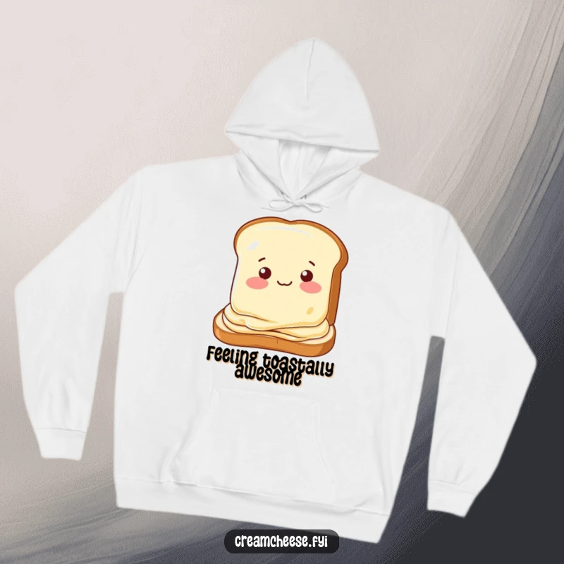 Funny hoodie with a cream cheese slice winking playfully on toast, offering cozy humor and a touch of sass.