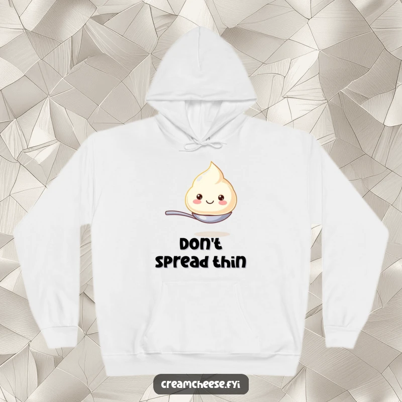 Funny hoodie with a charming cream cheese dollop balancing on a tiny spoon, beaming with joy, perfect for cozy, humorous moments.