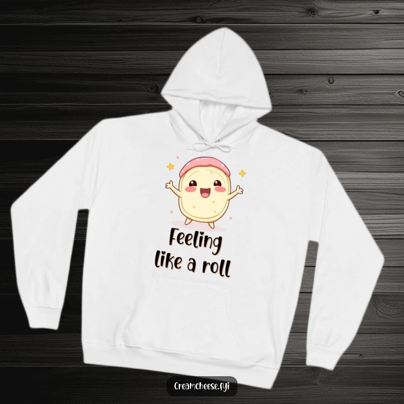 Funny Cream Cheese Hoodie featuring a delighted cream cheese roll doing a celebratory spin, cozy and perfect for spreading positive vibes.