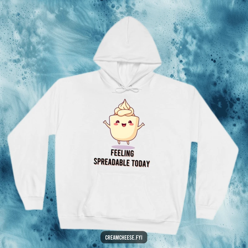Funny Cream Cheese Hoodie depicting a happy cream cheese tub with frosting swirls doing a delightful wiggle dance, perfect for cozy, cheerful days.