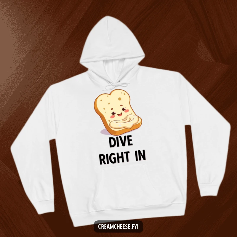 Funny baguette slice happily dipping into a cream cheese pool, depicted on a cozy hoodie. A whimsical and funny bread illustration, perfect as a funny gift.