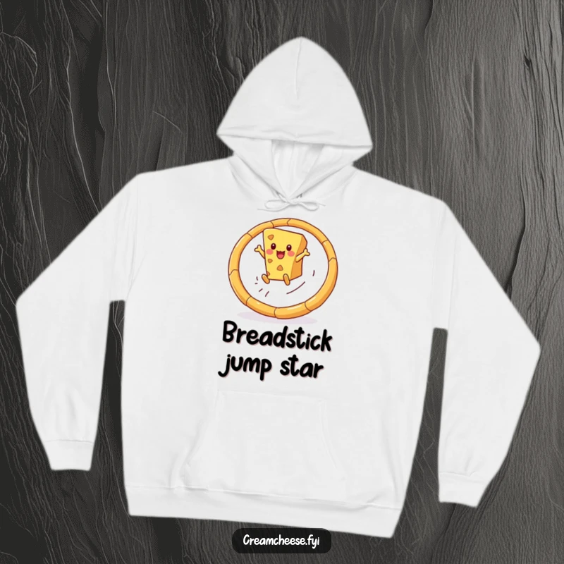 Funny hoodie showing a cheerful cheese wedge successfully leaping through a hoop made of breadsticks, embodying playful athleticism.
