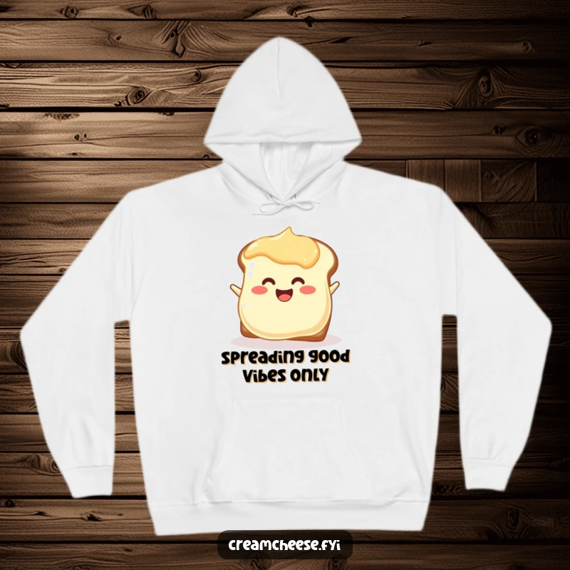 Funny joyful cream cheese blob hoodie enthusiastically spreading itself onto toast, a cozy and cheerful design.