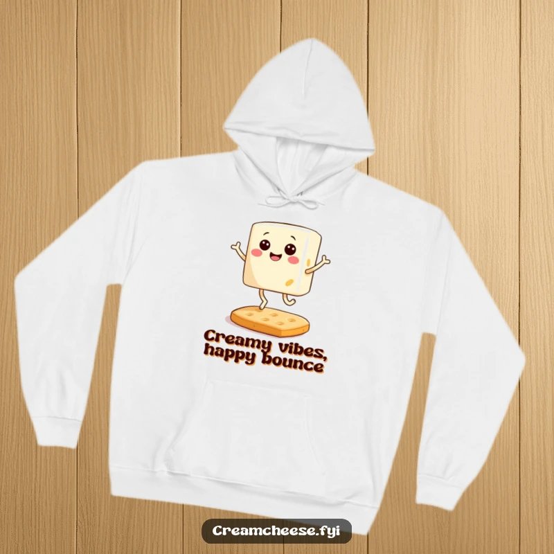 Funny hoodie showing a smiling block of cream cheese with tiny legs joyfully bouncing on a cracker, a cozy and humorous gift for foodies.